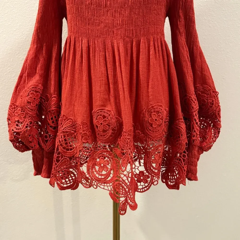 Off Shoulder Orange Smocked Long Sleeve Lace Crochet Shirt Large Peasant Boho